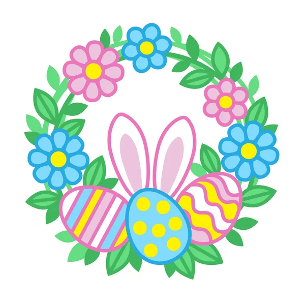 Vector Illustration Easter Greeting Card Flowers Wreath Bunny Easter Egg — 图库矢量图片