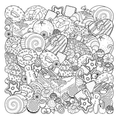 Vector coloring book page for adults. Black and white outline illustration of sweet food, candies, cakes, desserts, bakery products. Background for menu template