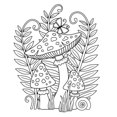Vector coloring book page for adult. Black and white illustration of an amanita mushrooms among plants