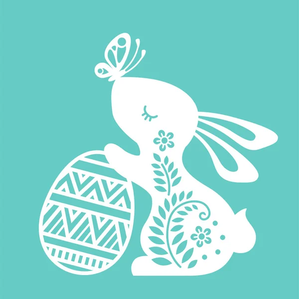 华丽的野兔 兔子和蝴蝶的矢量图解 带复活节彩蛋的可爱兔子的轮廓 用于激光切割或卡片 美丽的横幅短信快乐的东方 — 图库矢量图片