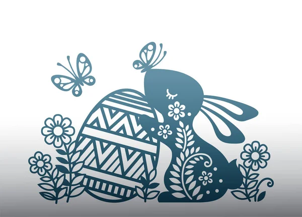 兔子在蝴蝶花丛中的病媒图解 可爱兔子与复活节彩蛋的轮廓 用于激光切割或卡片蝴蝶 美丽的垂直横幅短信快乐 — 图库矢量图片