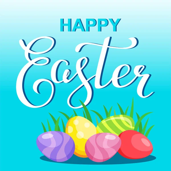 Card Bright Easter Eggs Grass Calligraphy Text Message Happy Easter — 图库矢量图片