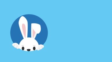 Cute bunny looks out of a hole and Happy Easter lettering, 4K animation on a blue background