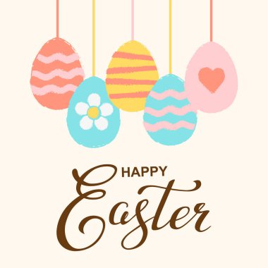 Vector hand drawn silhouette of Easter eggs and Happy easter lettering. Background with text message for banner, card, easter vintage design