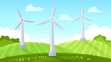 Wind turbine in a field. Eco Green Energy concept. Vector background illustration in flat style