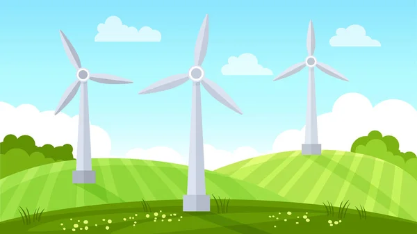 Tarlada Rüzgar Türbini Çevre Yeşil Enerji Konsepti Düz Biçimli Vektör — Stok Vektör