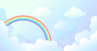 Sihirli tasarım için çizgi film tarzında vektör arkaplanı. Mavi gökyüzünde beyaz bulutlar ve parlak gökkuşağı