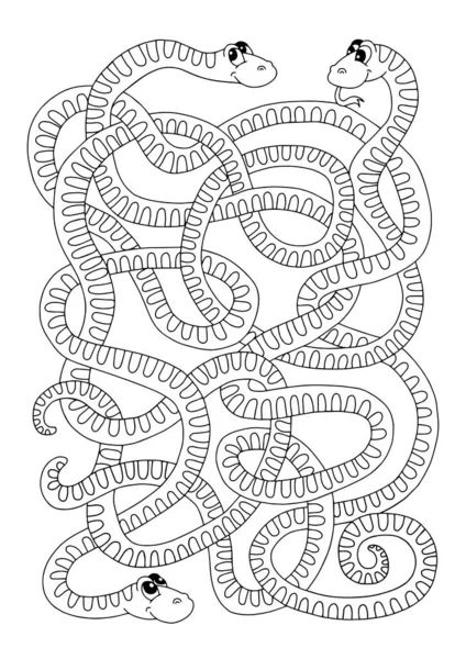 ベクトルぬり絵ページ 子供のための迷路ゲーム 絡み合ったヘビ — ストックベクタ