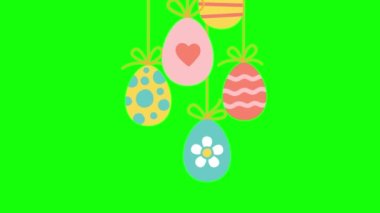 Karalama tarzında Paskalya yumurtaları üstüne düşer ve bir ipe asılır. Yeşil ekranda 4K canlandırma, şeffaf kullanım için krom anahtar arkaplan