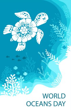 Bir deniz kaplumbağası ve su altı yaşamının dekoratif görüntüsü. Dünya okyanuslarının günlük arkaplan tasarımı