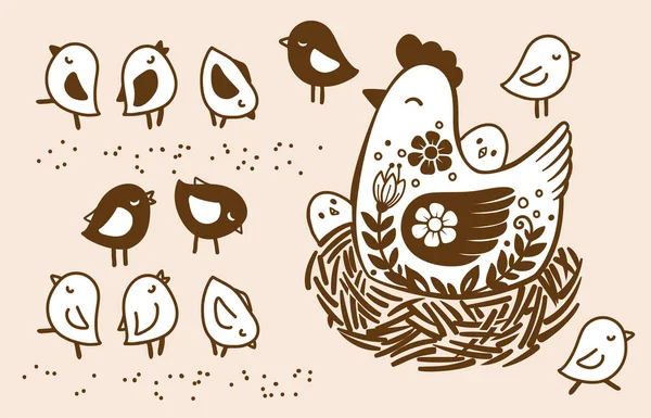 Ręcznie Narysowana Kura Gnieździe Małymi Pisklętami Kolekcja Zabawnych Ptaków Domowych — Wektor stockowy