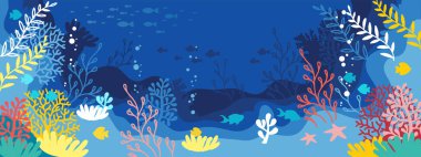 Vector horizontal blue background. Underwater marine life of a coral reef clipart