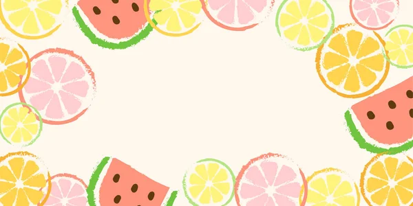 Hallo Sommer Vector Handgezeichnete Wassermelonen Und Orangenscheiben Horizontaler Hintergrund Für — Stockvektor