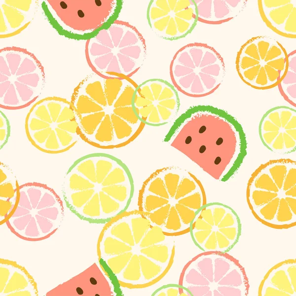 Zomer Vector Naadloos Patroon Een Retro Stijl Met Watermeloen Sinaasappelschijfjes — Stockvector
