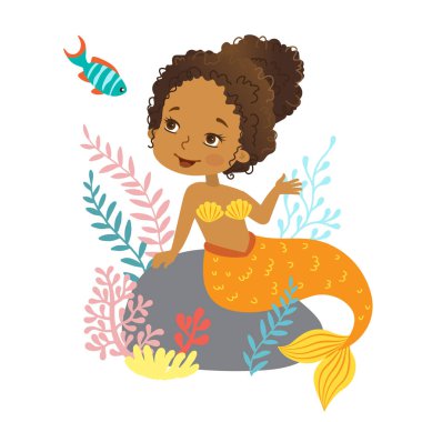 Güzel Kız Denizkızı Afro-Amerikan kökenli karikatür tarzında vektör illüstrasyonu