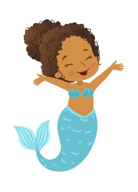 Güzel Kız Denizkızı Afro-Amerikan kökenli karikatür tarzında vektör illüstrasyonu