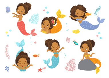 Güzel Kız Denizkızı Afro-Amerikan kökenli çizgi film tarzında bir vektör.