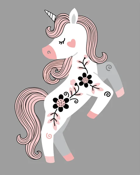 Ilustración Dibujada Mano Vectorial Hermoso Unicornio Blanco Con Flores Cola — Vector de stock