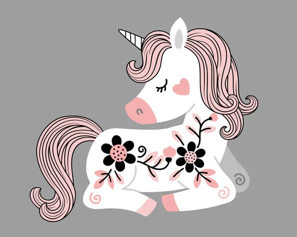 Vektorové Ručně Kreslené Ilustrace Krásného Bílého Jednorožce Květinami Růžovým Ocasem — Stockový vektor