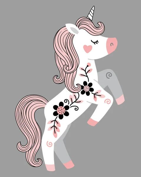Ilustración Dibujada Mano Vectorial Hermoso Unicornio Blanco Con Flores Cola — Vector de stock