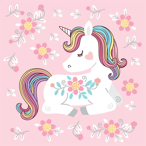 Cute White Unicorn Rainbow Mane Tail Vector Illustration Kids Fashion — Stock Vector