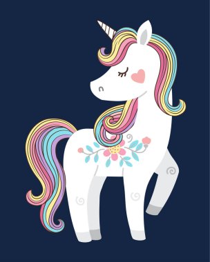 Gökkuşağı yeleli ve kuyruklu şirin beyaz tek boynuzlu at. Çocuklar için vektör illüstrasyonu moda, kitap, baskı, tebrik kartı, tişört, duvar kağıdı