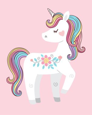 Gökkuşağı yeleli ve kuyruklu şirin beyaz tek boynuzlu at. Çocuklar için vektör illüstrasyonu moda, kitap, baskı, tebrik kartı, tişört, duvar kağıdı