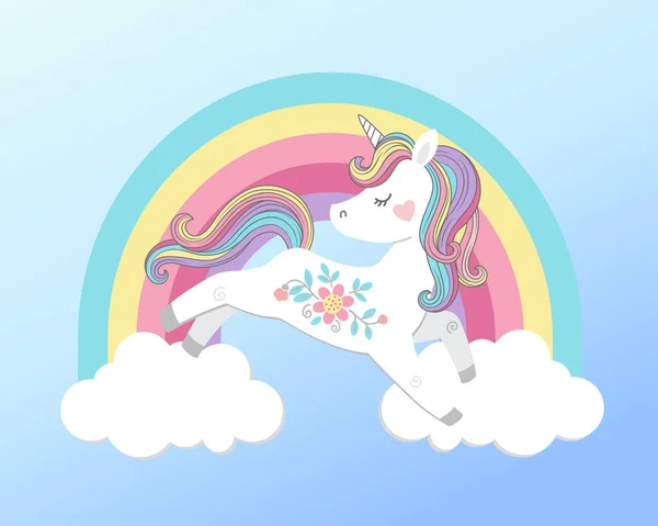 Vector Background Cartoon Style Magic Design Cute Unicorn Jumps Fluffy — Stock Vector