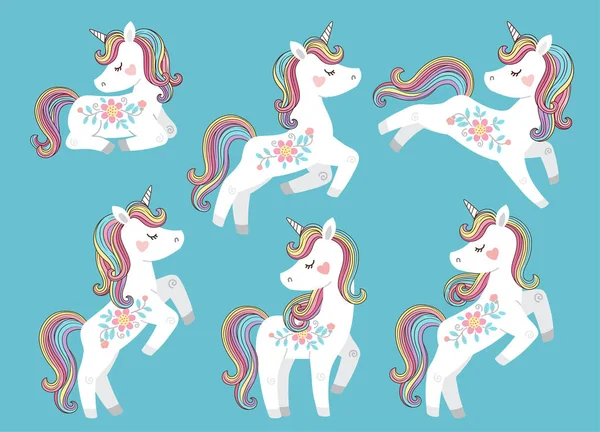 Set Vectorial Ilustrații Unicorni Albi Frumoși Unicorni Albi Flori Coamă — Vector de stoc
