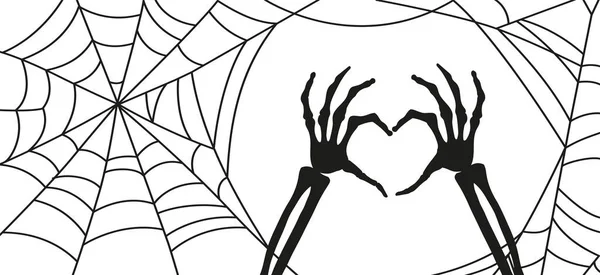 Halloween Background Spider Web Skeleton Hand Bones Showing Heart Symbol — Stock Vector