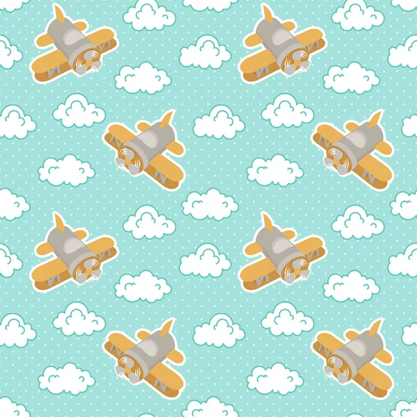 Vector Seamless Pattern Toy Airplanes Fluffy Clouds Blue Background White — Stock Vector