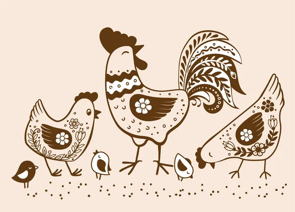 Famiglia Polli Disegnati Mano Vettoriale Stile Retrò Ornato Doodle Uccelli — Vettoriale Stock