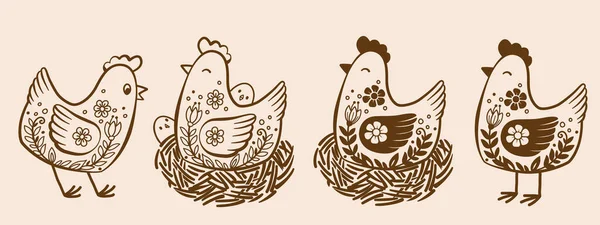 一组手绘母鸡和小鸡在一个鸟巢里 一系列有趣的家养鸟类 以涂鸦风格表示的矢量插图 — 图库矢量图片