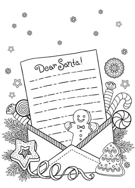 Letter Template Envelope Santa Vector Coloring Page Adults Page Coloring — Stock Vector