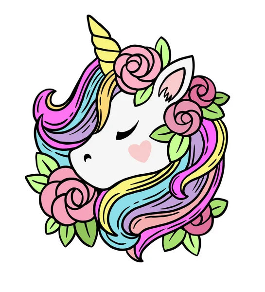 Ilustrasi Unicorn Putih Lucu Dengan Surai Pelangi Dan Bunga Cetakan - Stok Vektor