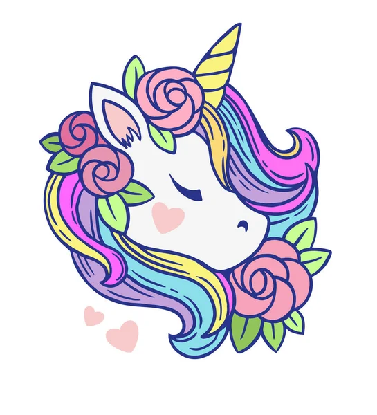 Illustration Cute White Unicorn Rainbow Mane Flowers Vector Print Kids — Stock Vector