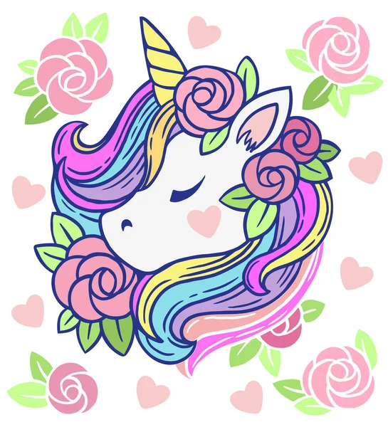 Ilustrasi Unicorn Putih Lucu Dengan Surai Pelangi Dan Bunga Cetakan - Stok Vektor