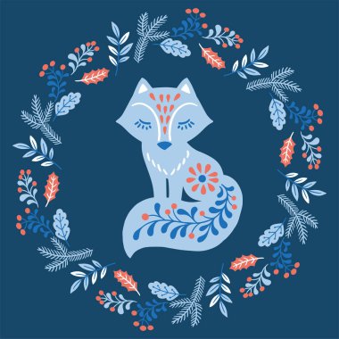 İskandinav tarzı illüstrasyonda hayvanların vektör eliyle çizilmiş hali. Folk İskandinav tarzında çiçek çelenginde Fox silueti