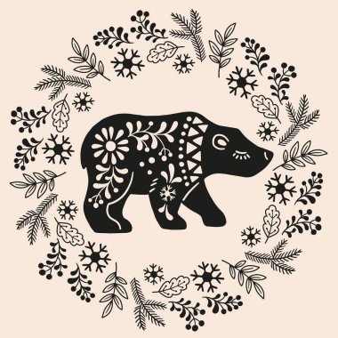 İskandinav tarzı illüstrasyonda hayvanların vektör eliyle çizilmiş hali. Folk İskandinav tarzında çiçek çelenginde ayı silueti