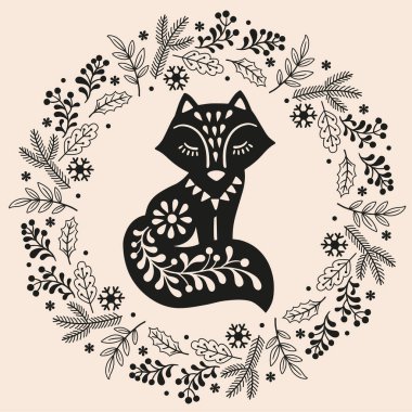 İskandinav tarzı illüstrasyonda hayvanların vektör eliyle çizilmiş hali. Folk İskandinav tarzında çiçek çelenginde Fox silueti