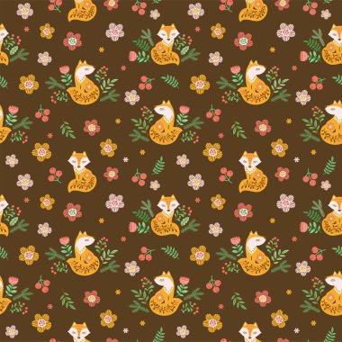 Kusursuz desen. Kahverengi arka plandaki çiçekler arasında desenli kırmızı tilkilerin silueti