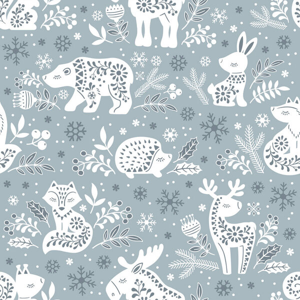 Vector seamless pattern. White patterned silhouettes of forest animals deer, bear, elk, fox, hare, squirrel, hedgehog among flowers on a gray background