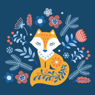 İskandinav tarzı illüstrasyonda hayvanların vektör eliyle çizilmiş hali. Mavi arka plandaki çiçekler arasında kırmızı desenli tilki silueti