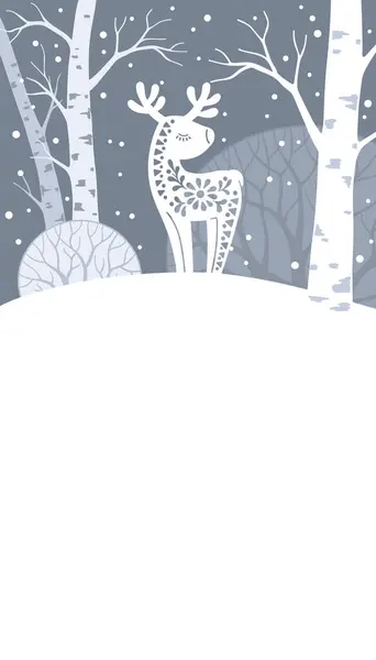 Winter Forest Animal Verticale Banner Handgetekend Silhouet Van Herten Scandinavische — Stockvector