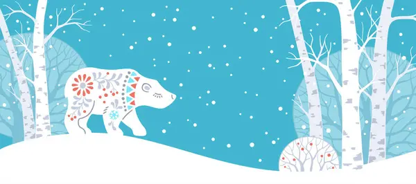 Winter Forest Animal Verticale Banner Handgetekend Silhouet Van Ijsbeer Scandinavische — Stockvector