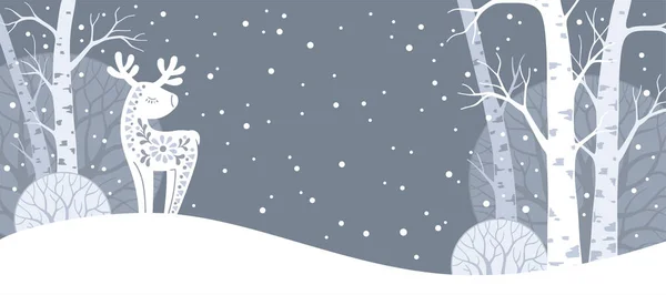 Winter Forest Animal Horizontale Banner Handgetekend Silhouet Van Herten Scandinavische — Stockvector