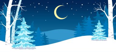 Kış el çizimi orman manzarasının vektör çizimi, yatay afiş. Karlı ağaçların silueti, ay ışığında kış ormanı