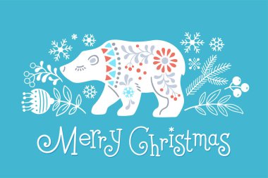 Kış Ormanı Hayvan Vektör İllüstrasyonu. İskandinav tarzında elle çizilmiş kutup ayısı silueti. Mutlu Noeller yazılı.