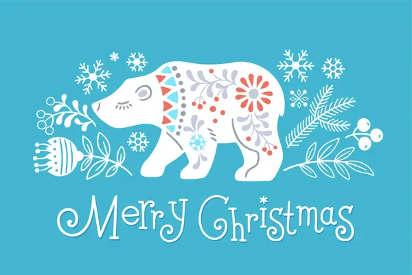 冬季森林动物病媒图解 用斯堪的纳维亚风格手工画出北极熊的轮廓 上面写着圣诞快乐 — 图库矢量图片
