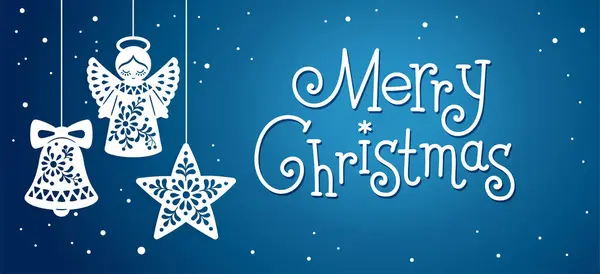水平横幅剪纸风格与文字圣诞快乐 蓝色背景上华丽的圣诞天使 星星和铃铛的矢量手绘图解 — 图库矢量图片